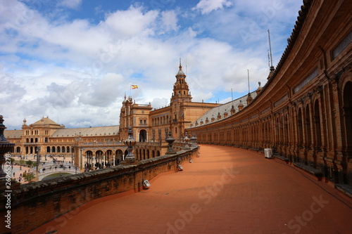 The Spain Square (Plaza de España) in Seville, Spain. It is a landmark example of the Regionalism Architecture, mixing elements of the Renaissance Revival and Moorish Revival styles.