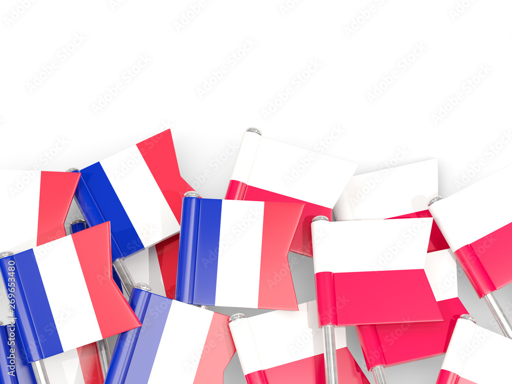 Pins with flags of France and poland isolated on white. Pins with flags of France and poland isolated on white.