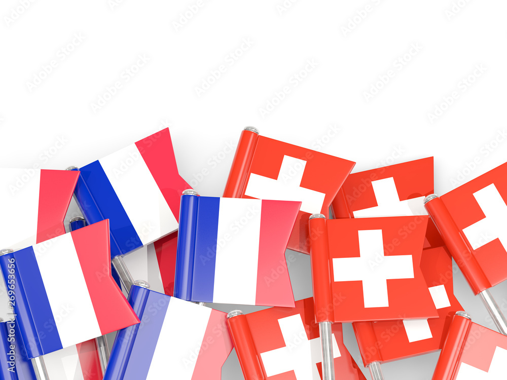 Pins with flags of France and switzerland isolated on white. Pins with flags of France and switzerland isolated on white.