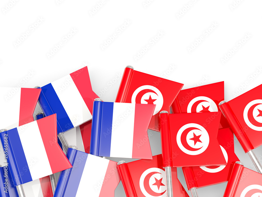 Pins with flags of France and tunisia isolated on white. Pins with flags of France and tunisia isolated on white.