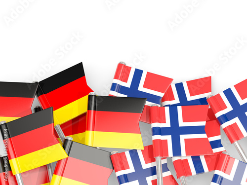 Fototapeta Naklejka Na Ścianę i Meble -  Pins with flags of Germany and norway isolated on white.