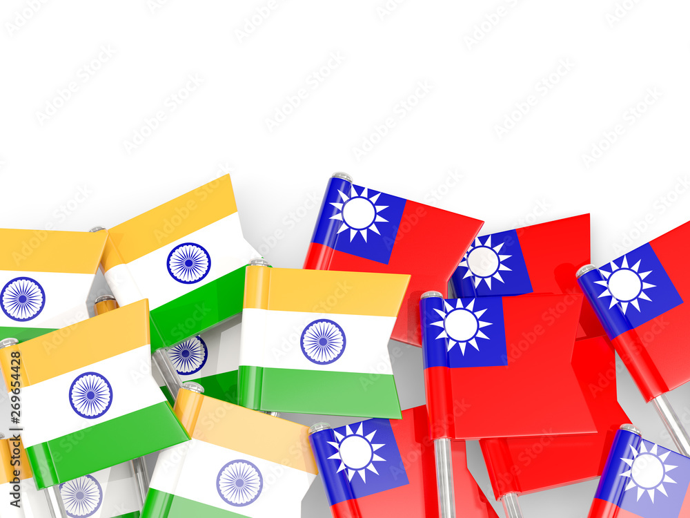 Pins with flags of India and taiwan isolated on white.