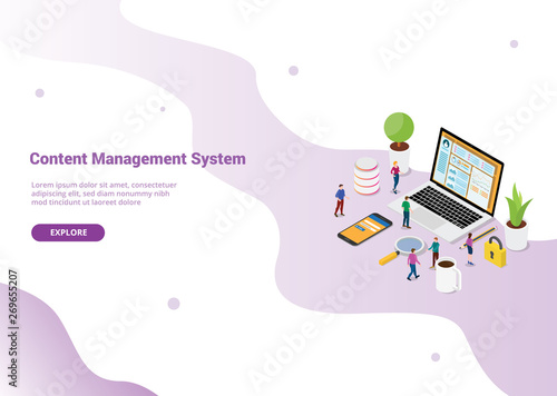 cms content management system concept with laptop and website page with secure login for website template or landing homepage - vector