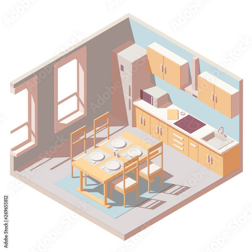 Vector isometric kitchen room icon. Illustration includes kitchen appliances and furniture