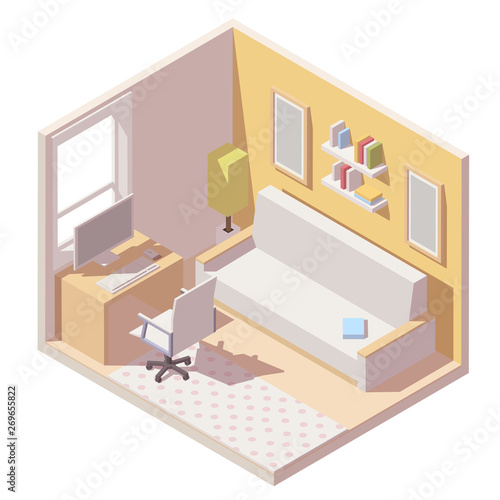 Vector isometric room cutaway icon. Illustration with table, computer, office chair, sofa and other furniture