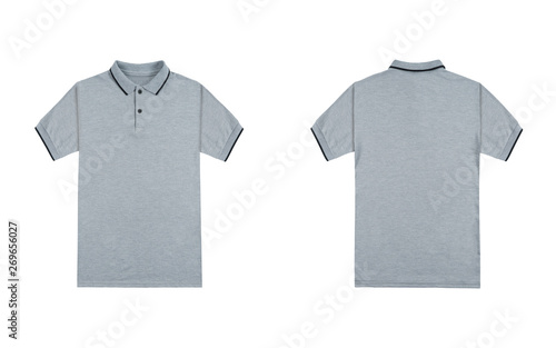 Blank plain polo shirt heather grey color isolated on white background. bundle pack polo shirt front and back view. ready for your mock up design project.