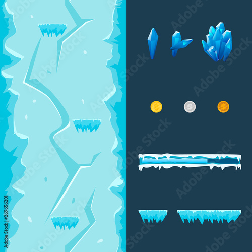Cartoon game ice cave level generator: seamless vertical background, platforms, coins, gems, progress bar isolated on dark background. Vector template for cave landscapes.