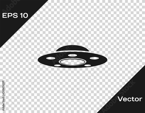 Grey UFO flying spaceship icon isolated on transparent background. Flying saucer. Alien space ship. Futuristic unknown flying object. Vector Illustration