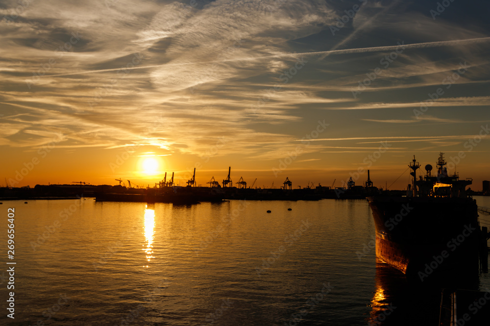 sunset in port of Rotterdam