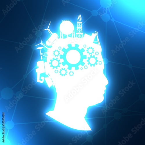 Wallpaper Mural Man avatar profile view. Face silhouette with industrial icons as a hair. Mohawk hairstyle. Portrait with sunglasses. Gears group as a symbol of a brains. 3D rendering. Neon bulb illumination Torontodigital.ca