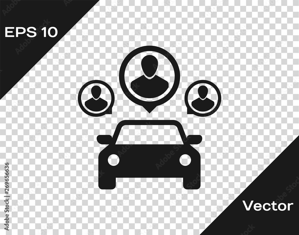 Grey Car sharing with group of people icon isolated on transparent background. Carsharing sign. Transport renting service concept. Vector Illustration - obrazy, fototapety, plakaty 