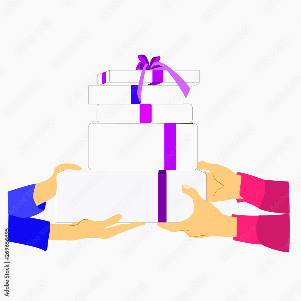 hands hold boxes with stuff or clothes and giving one to another things. donation day . hands hold boxes with stuff or clothes and giving one to another things. donation day .