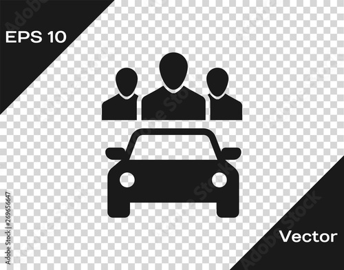 Grey Car sharing with group of people icon isolated on transparent background. Carsharing sign. Transport renting service concept. Vector Illustration