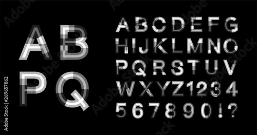 Abstract font. Minimalist alphabet. Abc design. White font. Geometric abstract technology font. Futuristic alphabet. Design letters and numbers.
