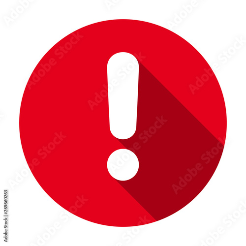 Flat round red exclamation point icon, button, attention symbol isolated on white background