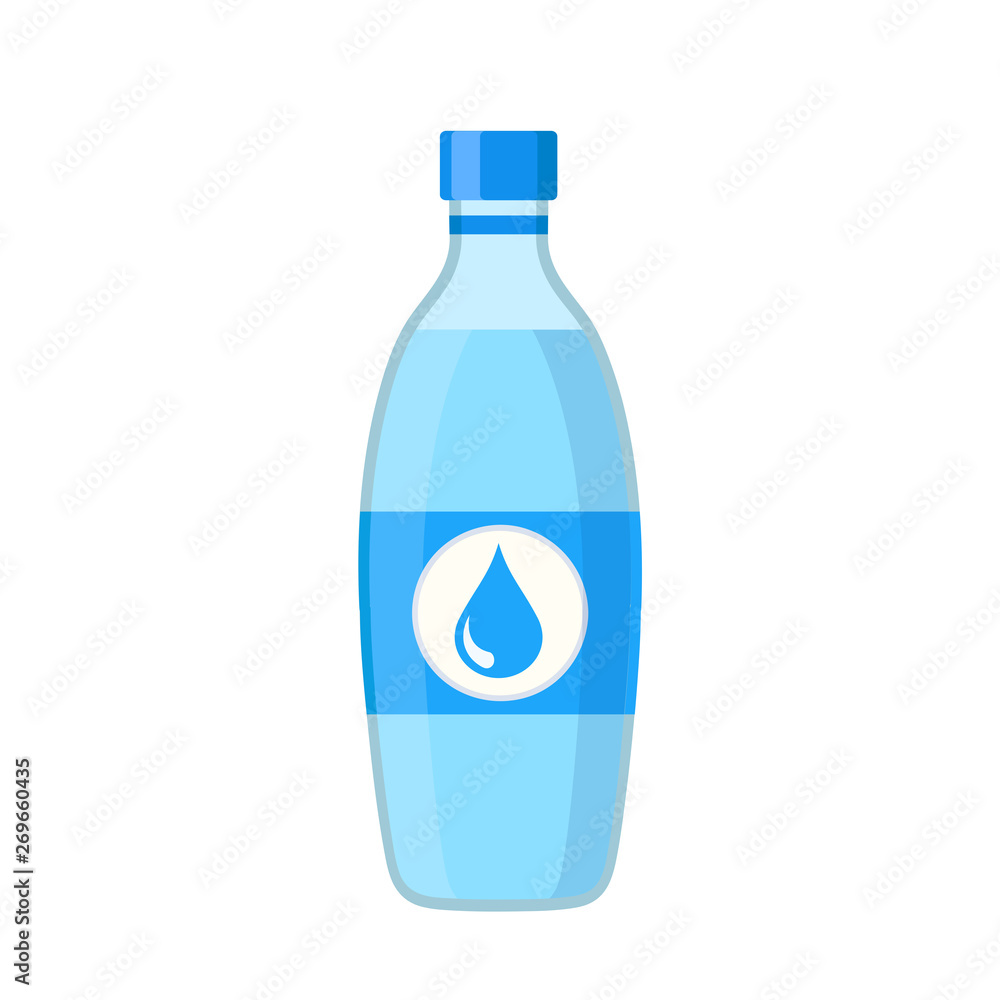 Bottle of clear water in cartoon flat style on white, stock vector illustration