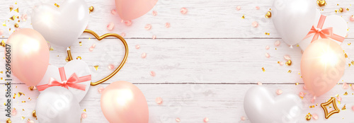 Romantic background for wedding, Valentine's Day and birthday. Realistic design element, white and pink balloons, heart-shaped gift boxes, rose petals. Golden confetti. gold metal love heart