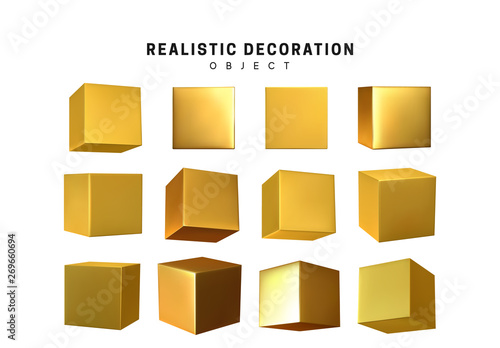 Cube in gold metalic. Square Realistic geometric shapes.