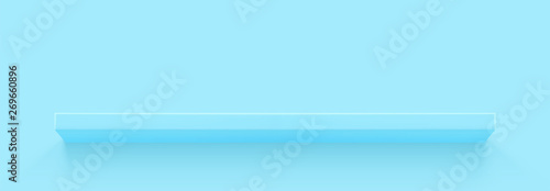 Blue 3d shelf on the wall. Wooden horizontal realistic empty shelf