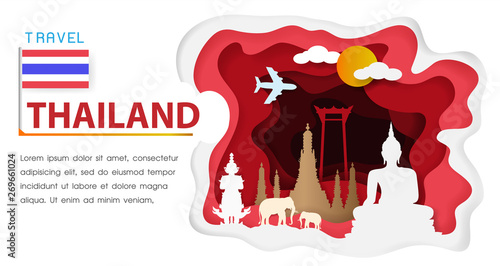 Thailand travel concept, Promote Culture landmark tourism, Vector  illustration with space for text. Templated use for info graphic design, web, book cover, magazine, element, banner. paper art style