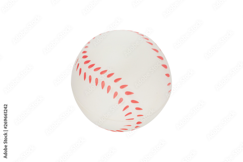 Single new clean small rubber toy in form of baseball ball isolated on white background. Top view. Clipping path Single new clean small rubber toy in form of baseball ball isolated on white background. Top view. Clipping path