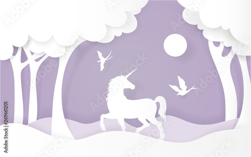 Unicorn in the forest with birds flying on violet background. vector illustration, paper art style