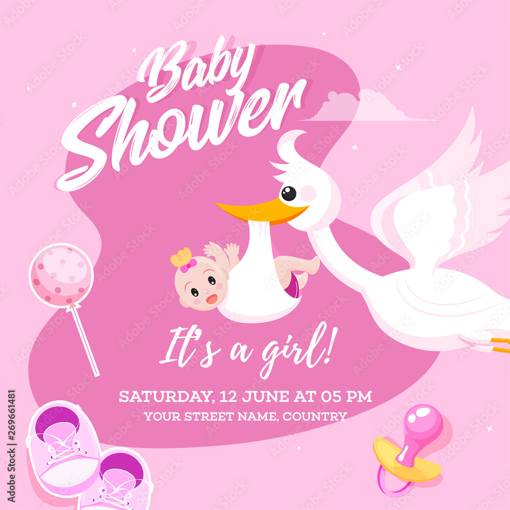 Baby Girl Shower celebration invitation card design with Stork lifting baby and event details on pink background.