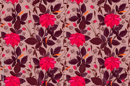Art floral vector seamless pattern. Red  dahlias with buds, stems and leaves on a coffee color background. Isolated vector garden flowers.