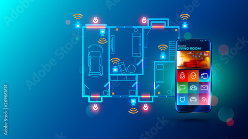 Safety system and video surveillance of smart home. cctv send video stream on smartphone via internet connection. Mobile device remotes security cameras and locks doors. Protection apartment concept.