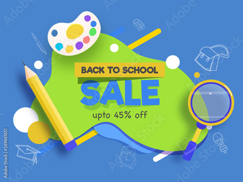 Sale flyer, template or banner design for 'Back to School" with Discount offer on Educational Stationery.