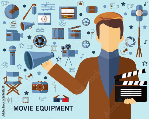 movie equipment concept background. Flat icons.