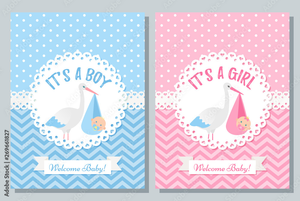 Birth card-Stork Birth Baby Card Girl Boy Photo Cards 