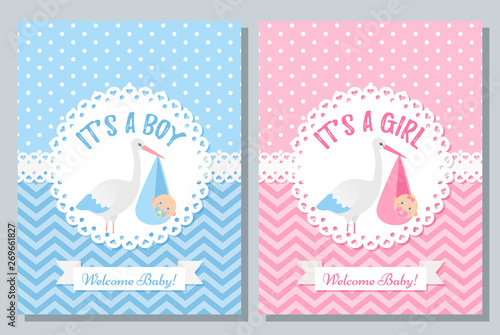 Baby Shower invite card. Vector Baby boy, girl design. Cute blue, pink banner. Birth party background. Happy greeting poster. Welcome template invitation with newborn kid, stork. Cartoon illustration.