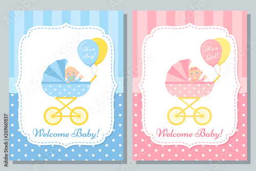 Baby card. Vector. Baby Shower boy and girl invite banner. Blue, pink design invitation. Cute birth party background. Welcome template. Happy greeting poster with newborn kid, pram. Flat illustration.