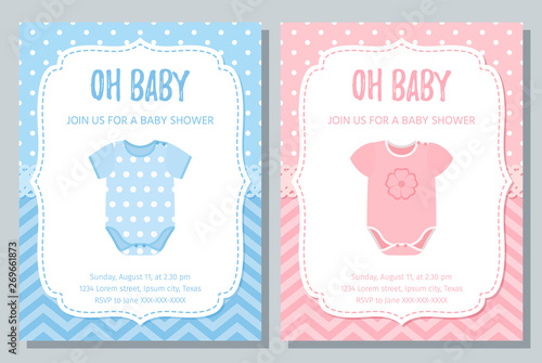 Baby Shower invite card. Vector. Baby boy and girl blue pink design. Welcome template invitation banner. Birth party background. Happy greeting holiday poster with onesie. Flat illustration.