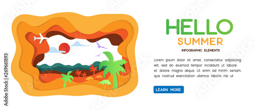 Hello summer holiday concept of traveling go sea and beach for relaxing. Vector infographic for website or learning media with space for text