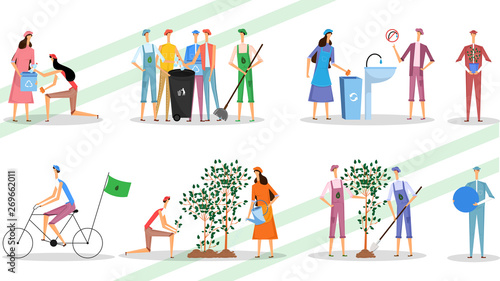 Cartoon character of people holding recycle bin. Concept of Stop Plastic Pollution, Save Environment and Plant Trees. header or banner design.
