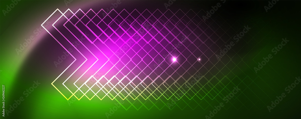 Obraz premium Techno glowing background, futuristic dark template with neon light effects and simple forms, vector