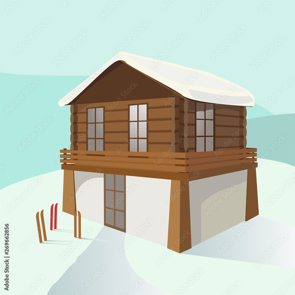 Vector illustration of a two-story house ,three pairs of skis, snow slopes in the snow-capped mountains. Vector illustration of a two-story house ,three pairs of skis, snow slopes in the snow-capped mountains.
