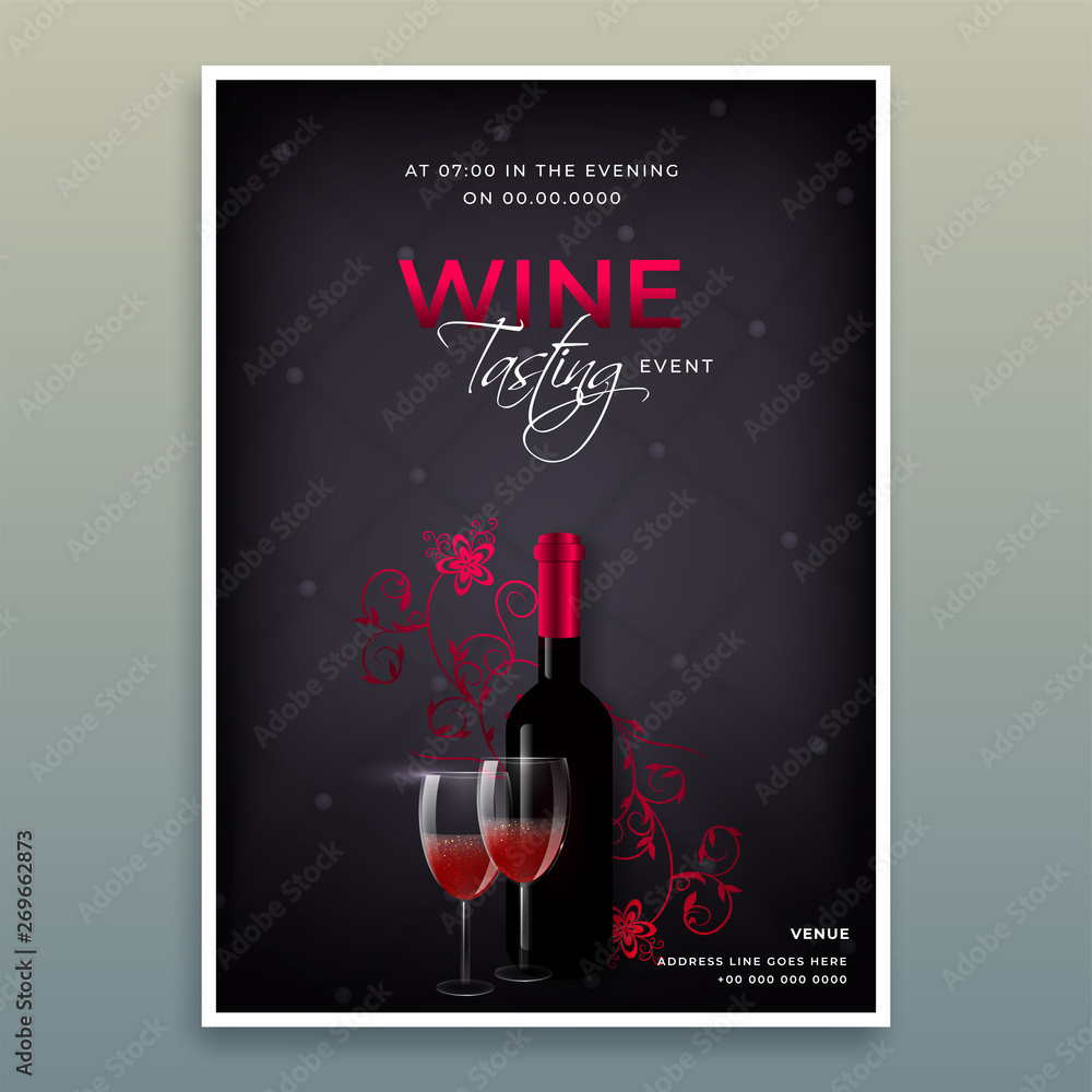 Wine Tasting invitation card design with drink bottle, cocktail glass ...