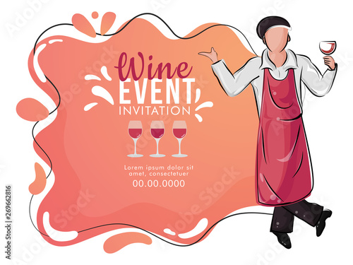 Flat style Wine Tasting Event banner or poster design with illustration of bar waiter holding wine glass on abstract background.
