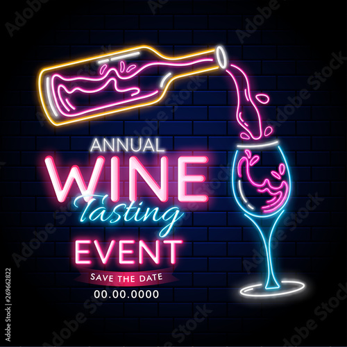 Neon Lighting effect with wine bottle and drink glass on blue brick wall background for Wine Tasting annual event or party concept. Can be used as advertising template or poster design
