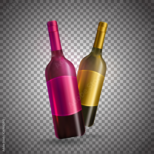 Realistic wine bottles in pink and golden color on transparent background.