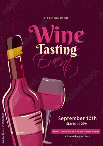 Flat style Wine Tasting template design with wine bottle and drink glass on burgundy background.