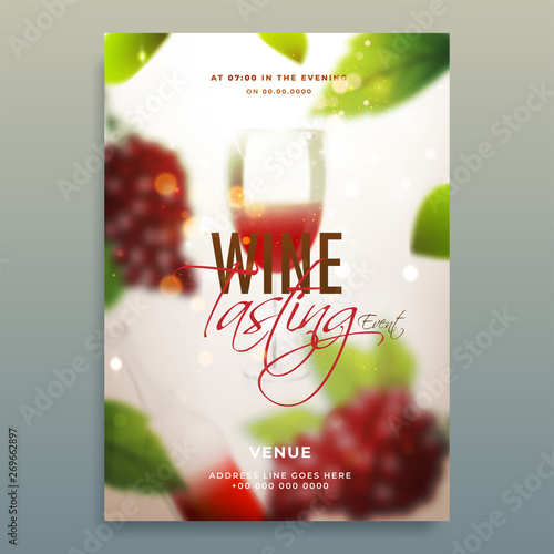 Shiny blurred background decorated with grapes and wine glass for Wine Tasting party template design.