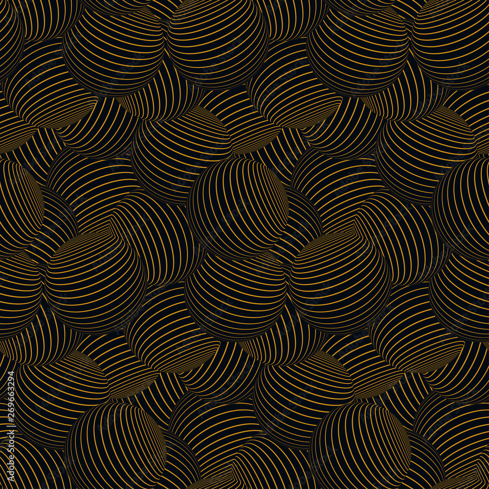 striped balls floating seamless pattern in gold and black shades