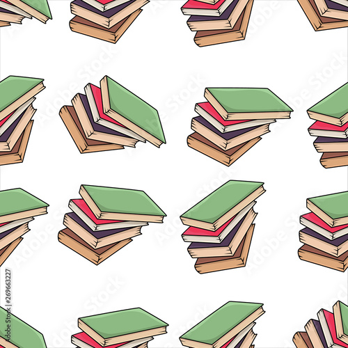Rows of many stack of colored paper books green, red, violet, brown colors in style of cartoon on white background. Seamless pattern