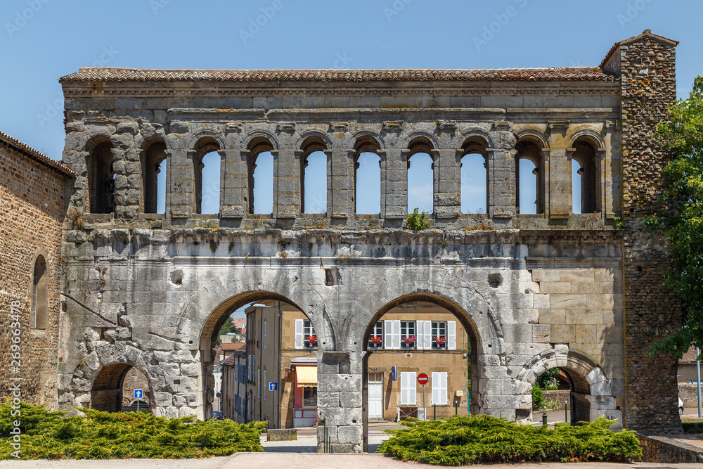 Ancient Roman ruins (east gate) in Autun historic town, France