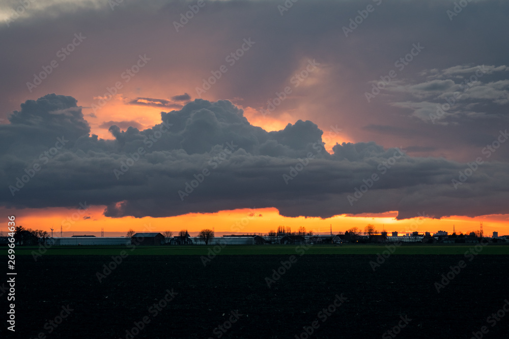 Growing cumulus clouds over the dutch countryside at sunset