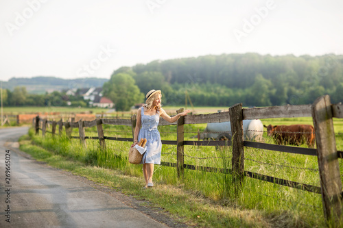 village girl with a bag of milk and bread going through the fields with grazing cows. Summer rural life in Germany. Farming.